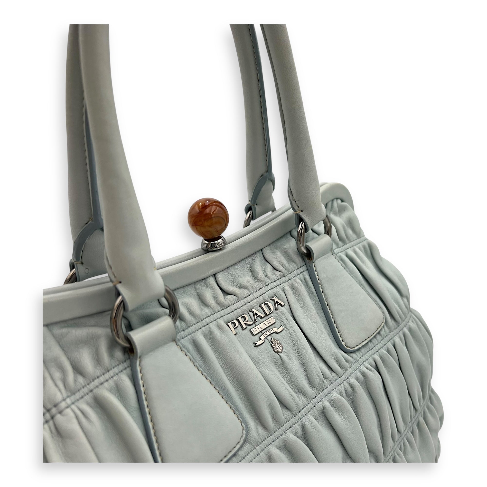 Prada Turnlock Top Handle Bag Blue in Calfskin, Silver hardware_6