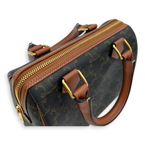 Celine Triomphe Boston Brown Top Handle Bag in Coated Canvas, Gold hardware_6