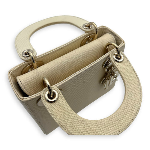Christian Dior Lady Dior Top Handle Bag Mini Cream in Lizard, Light Gold hardware_6