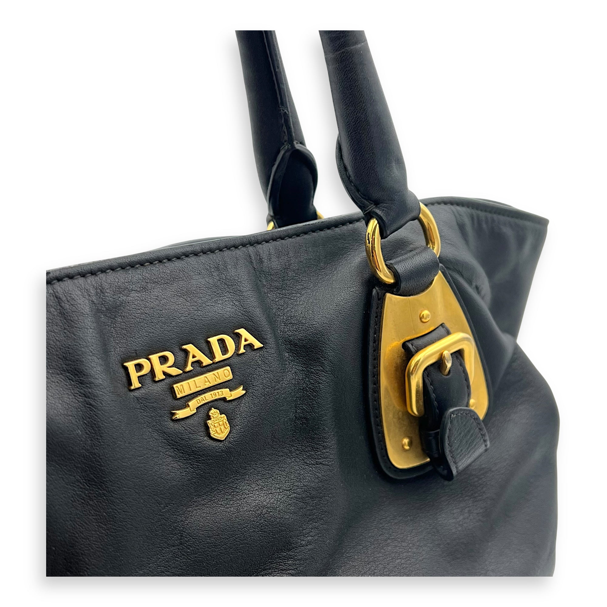Prada Logo Top Handle Bag Black in Calfskin, Gold hardware_6