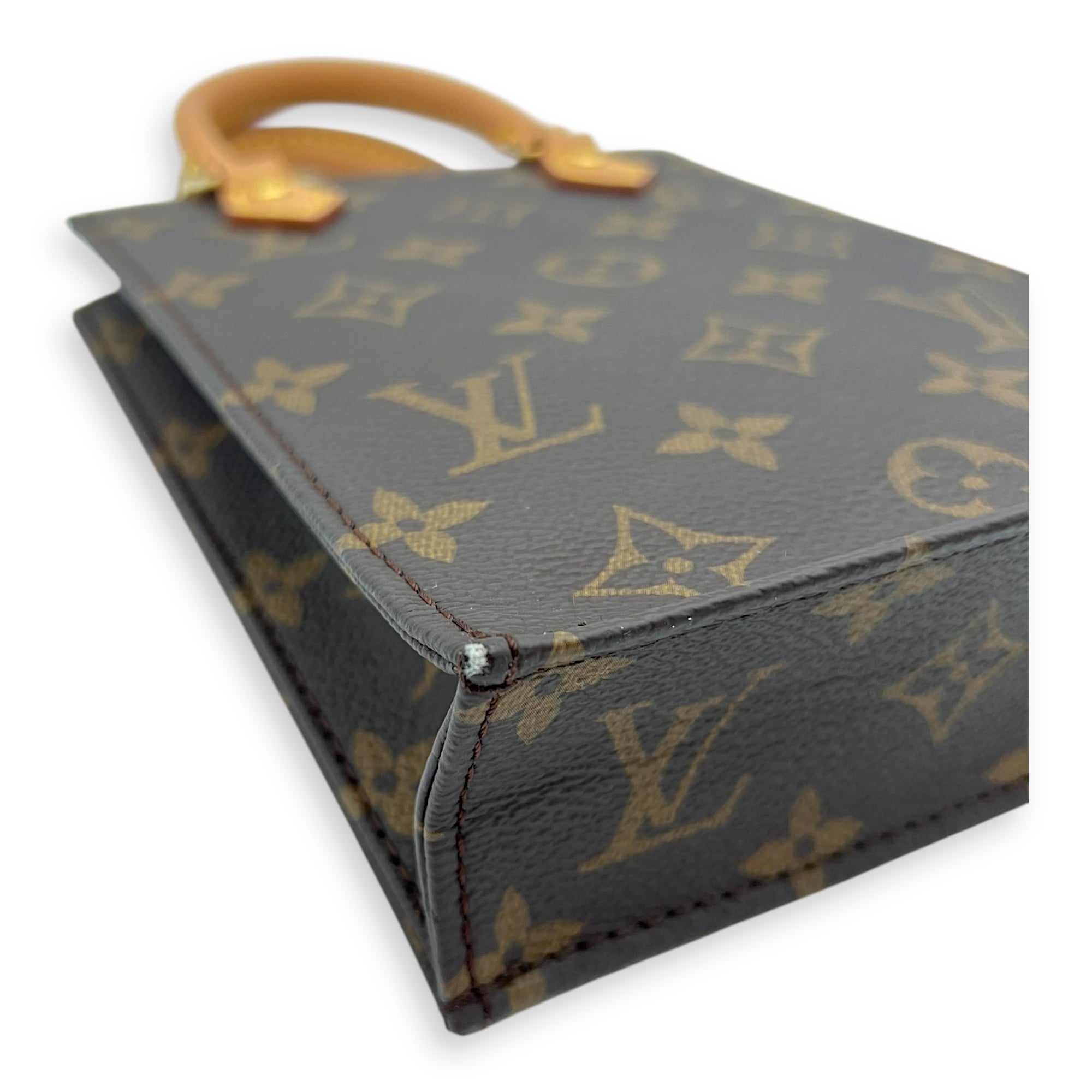 Louis Vuitton Sac Plat Top Handle Bag Petite Brown in Monogram Coated Canvas, Gold hardware_6