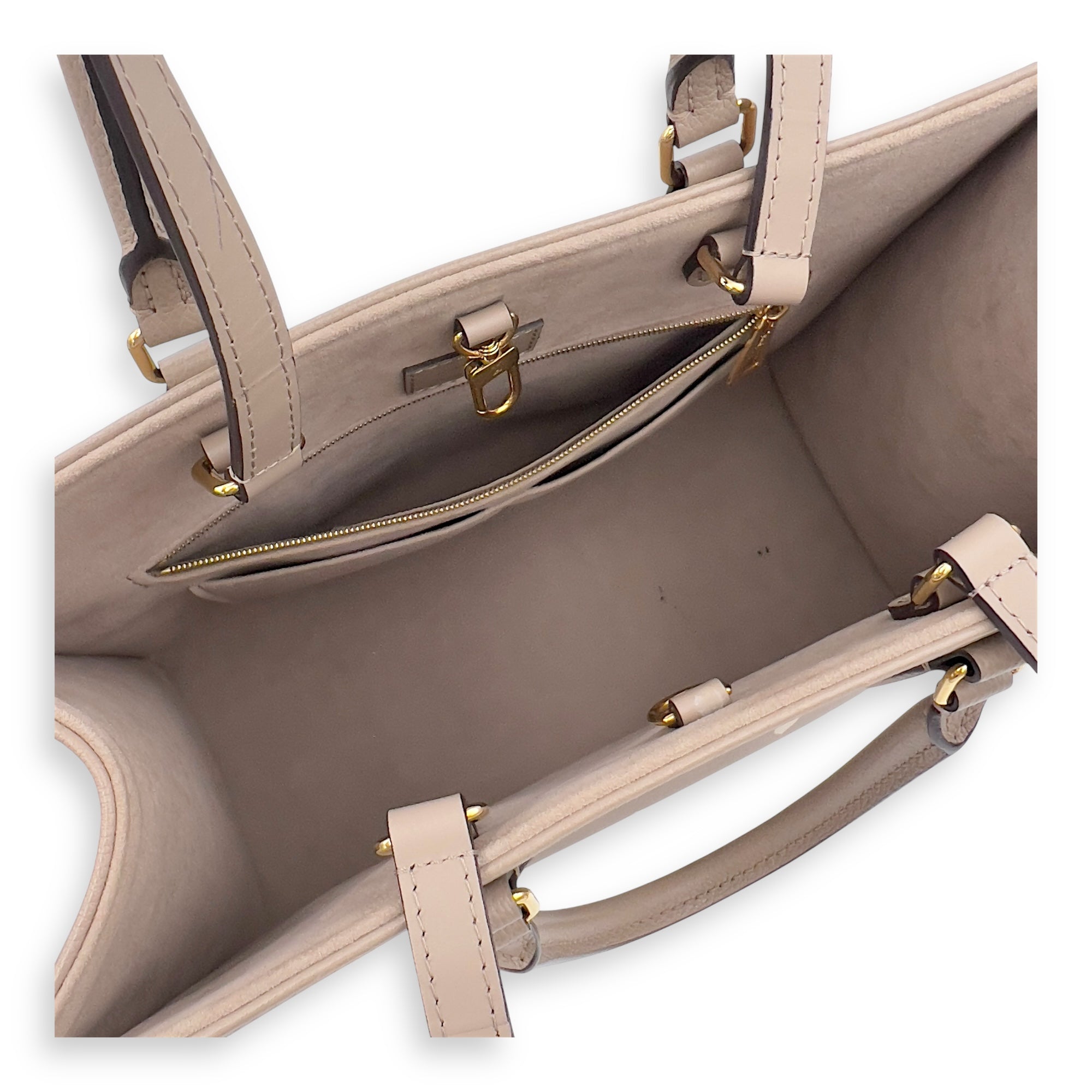 Louis Vuitton OnTheGo MM Beige Top Handle Bag in Empreinte Leather, Gold hardware_6