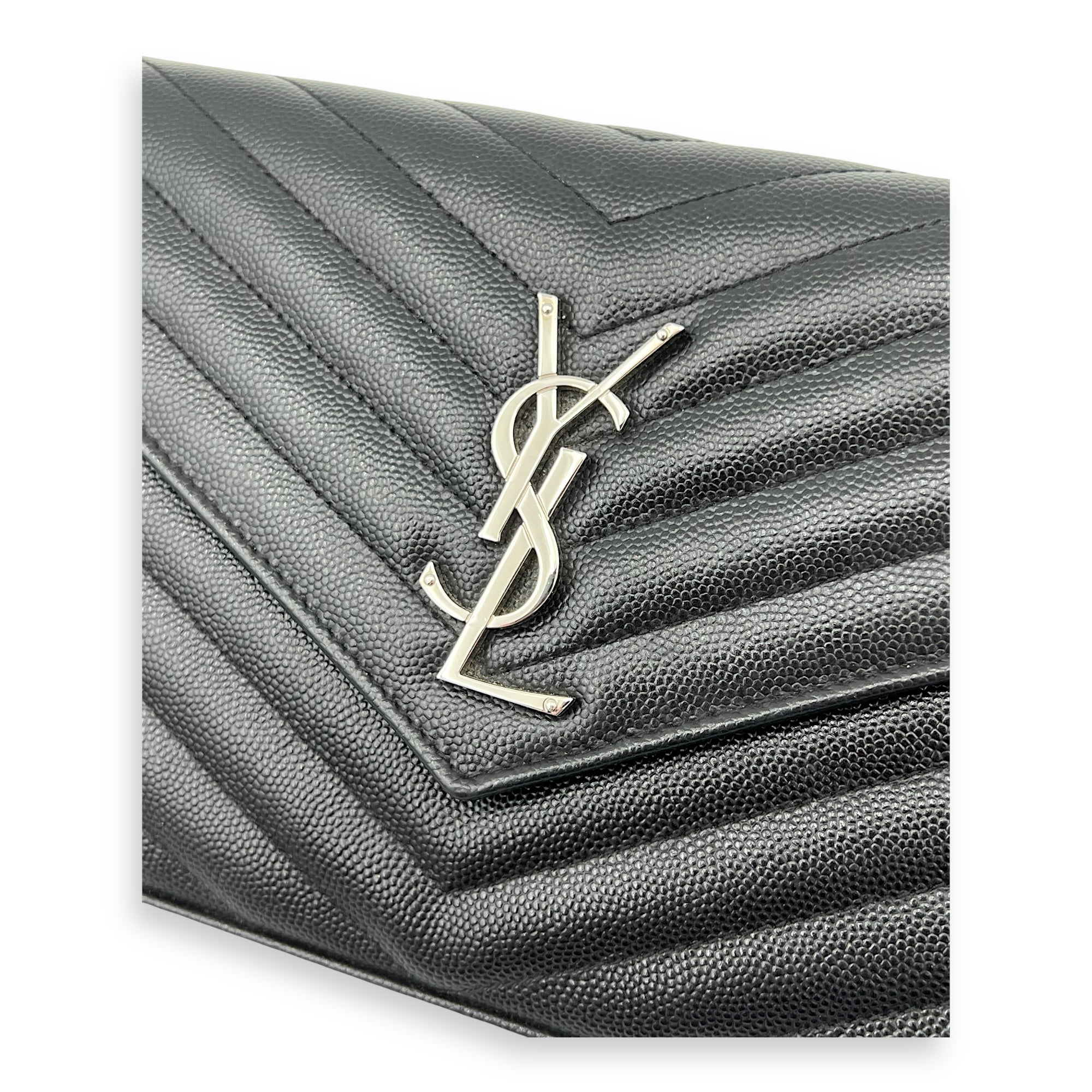 Saint Laurent Cassandre Wallet On Chain Black in Calfskin, Silver hardware_6