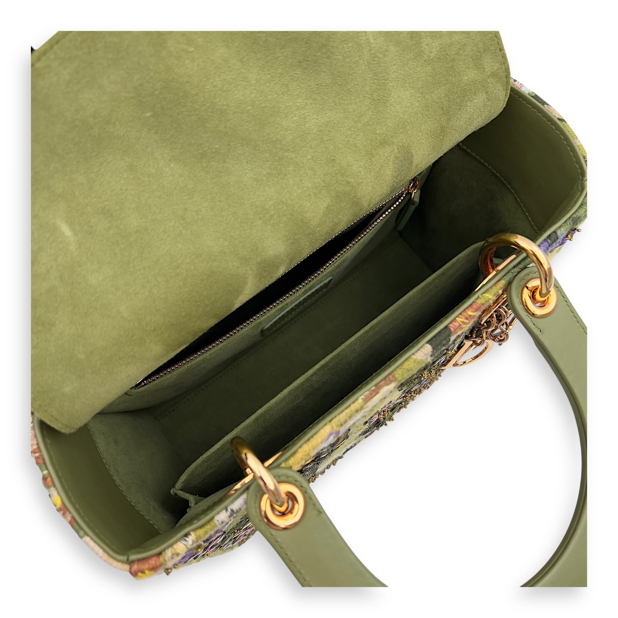 Dior Lady Dior Medium Green Top Handle Bag in Embroidered, Rose Gold hardware_6