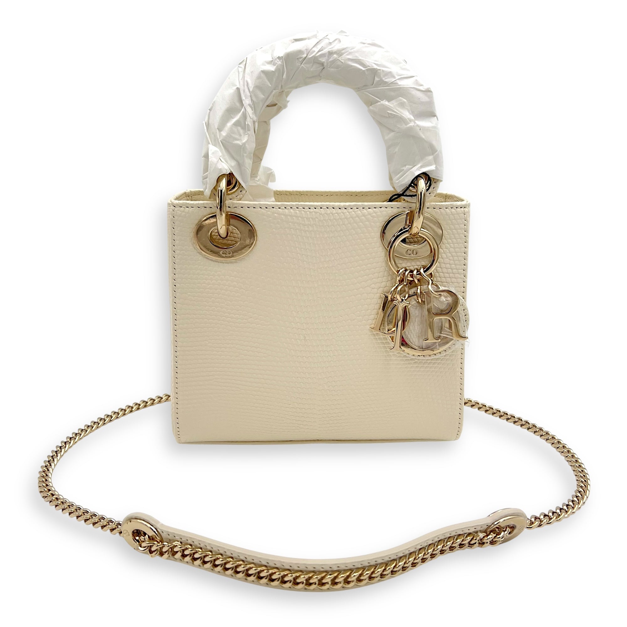 Dior Lady Dior Top Handle Bag Mini White in Lizard, Gold hardware_4
