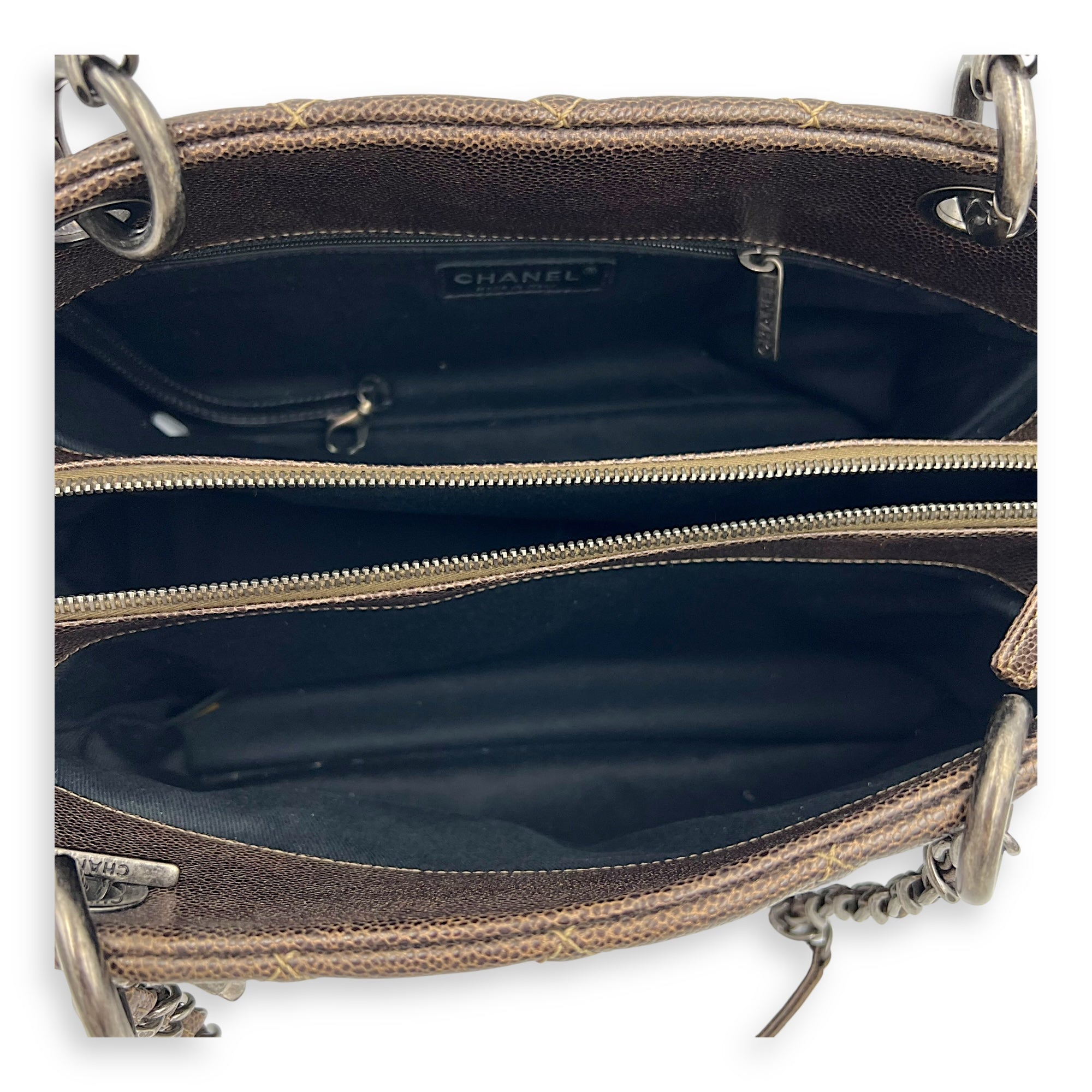 Chanel Quilted Wildstitch Tote Bag Brown in Caviar Leather, Silver hardware_8