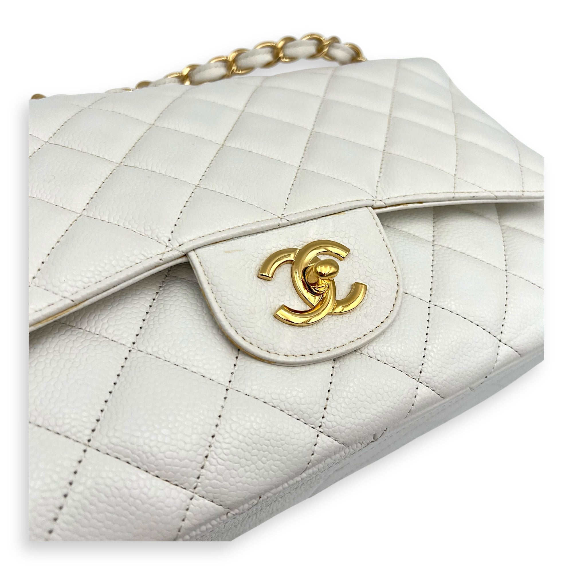 Chanel Classic Shoulder Bag Jumbo White in Caviar Leather, Gold hardware_6