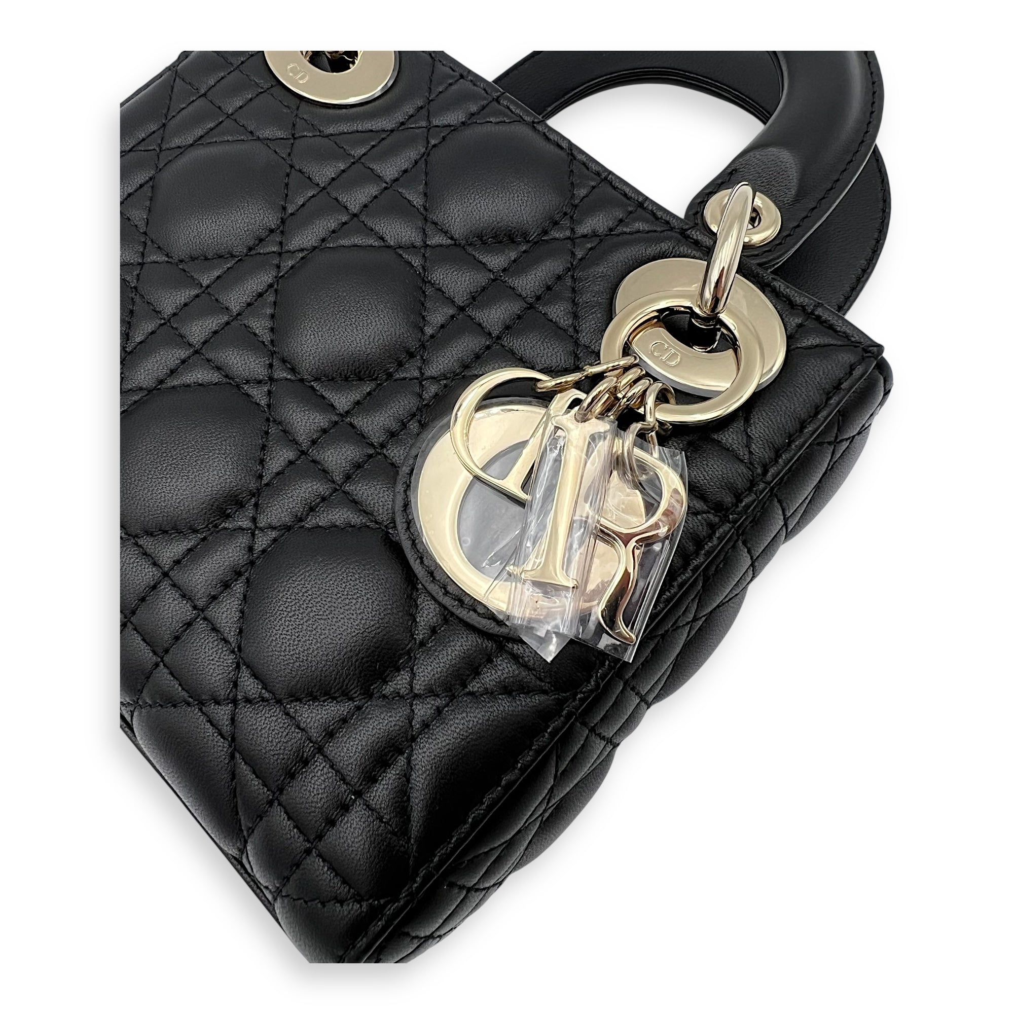 Dior Lady Dior Top Handle Bag Mini Black in Calfskin, Gold hardware_6