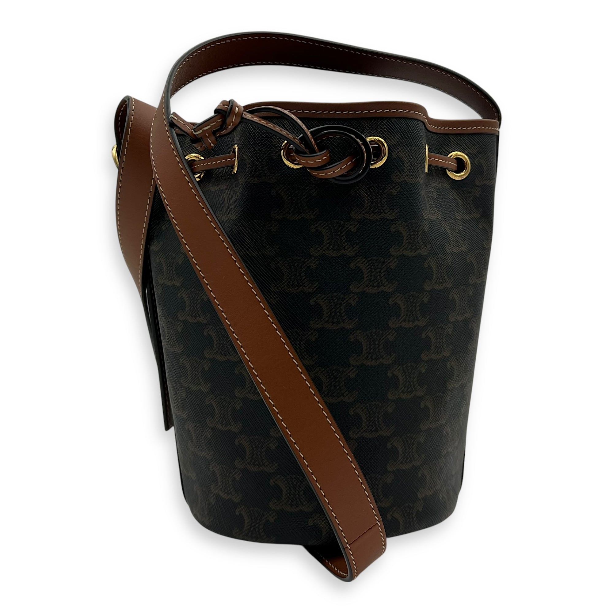 Celine Triomphe Bucket Bag Brown in Coated Canvas, Gold hardware_6