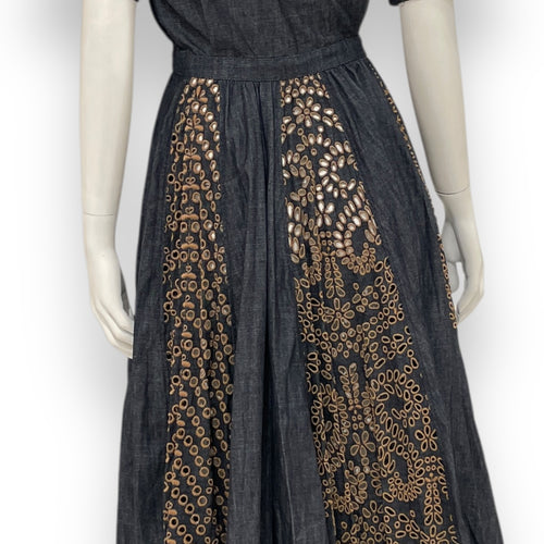 Denim Dress with Gold Coloured eyelet embroidery 34 Blue Ready-To-Wear in Cotton