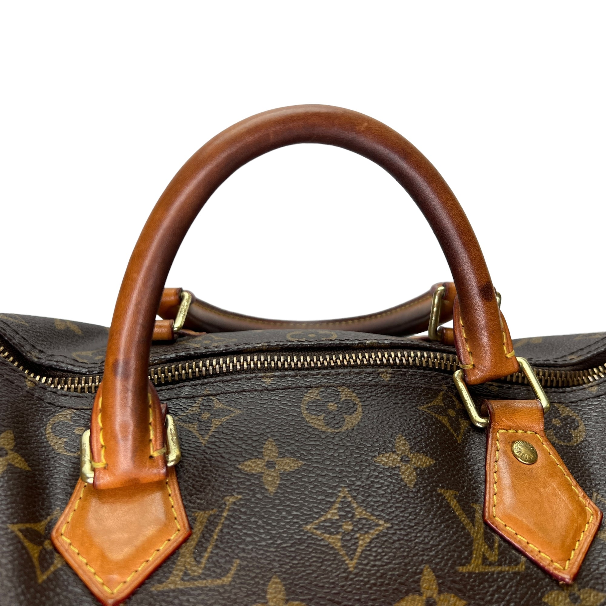 Speedy 30 Brown Top Handle Bag in Monogram Coated Canvas, Gold hardware