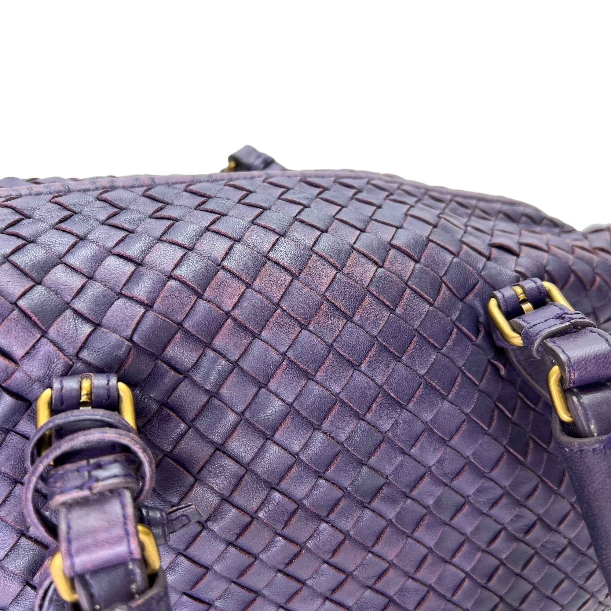 Boston Purple Top Handle Bag in Intrecciato Leather, Brushed Gold hardware