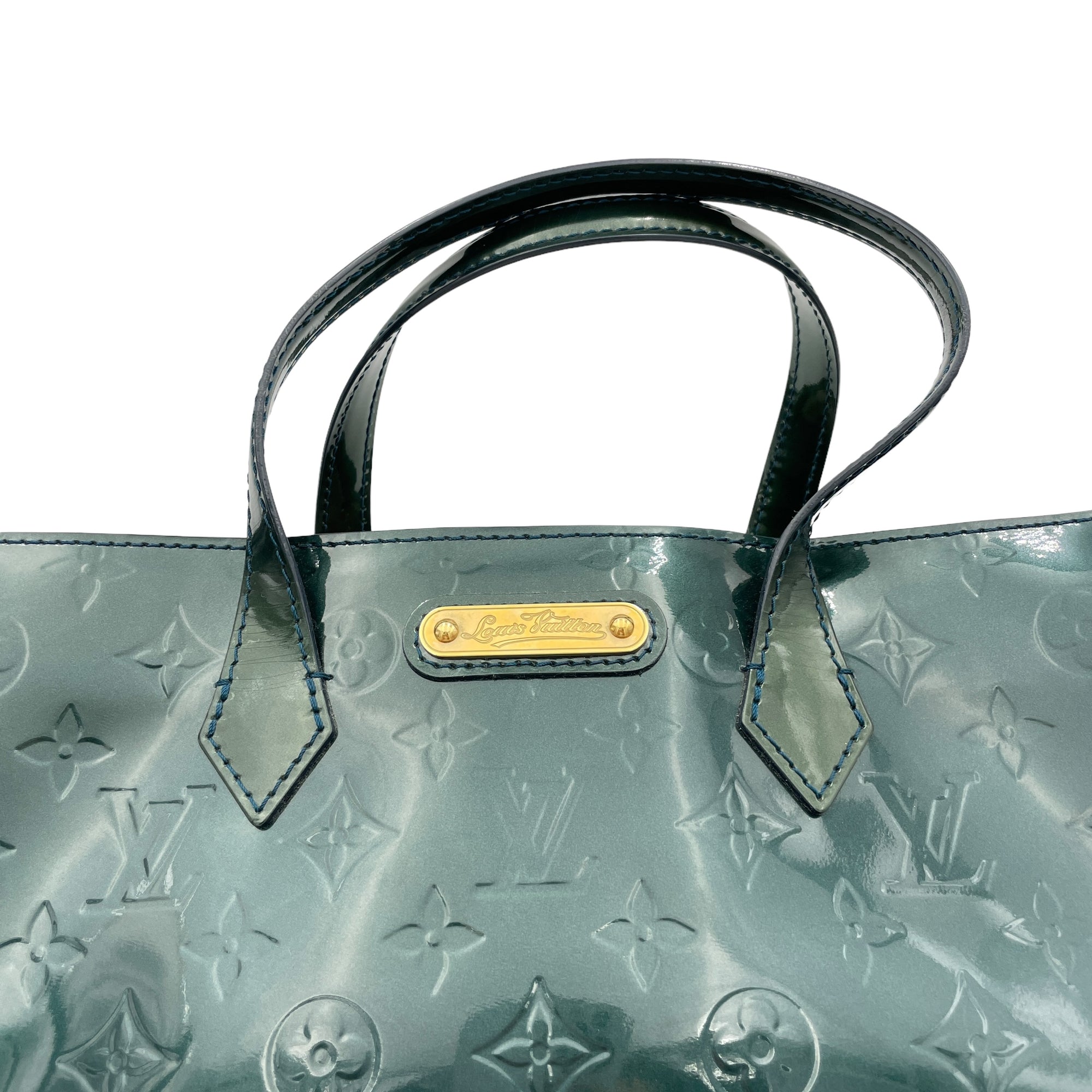 Wilshire PM Green Top Handle Bag in Patent Leather, Gold hardware