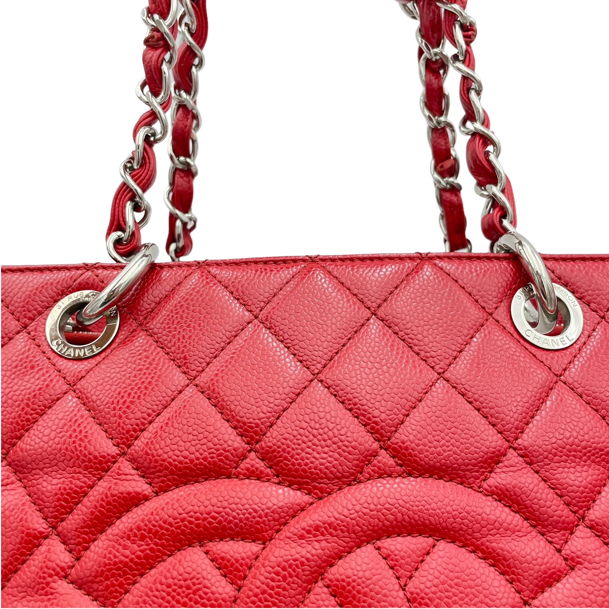 GST Red Tote Bag in Caviar Leather, Sliver hardware