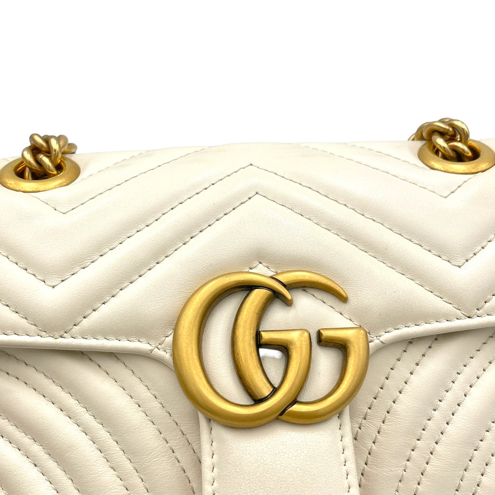 GG Marmont Mini White Shoulder Bag in Calfskin, Brushed Gold hardware