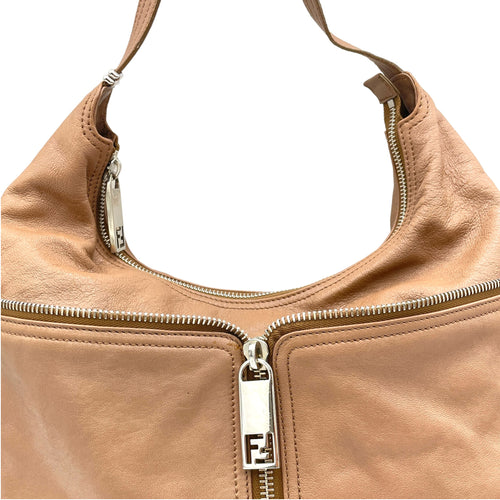 Hobo Brown Shoulder Bag in Calfskin, Silver hardware