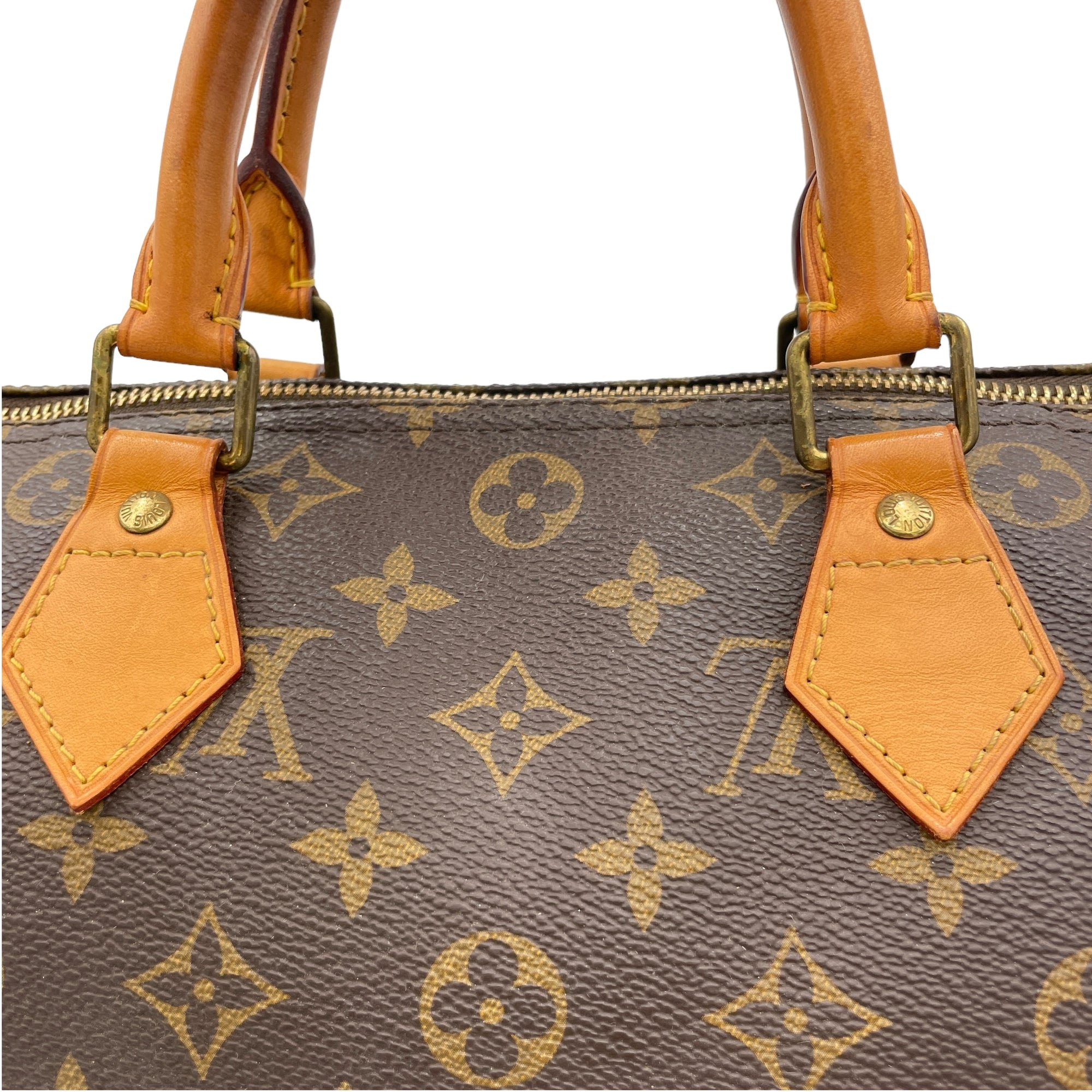 Speedy 30 Brown Top Handle Bag in Monogram Coated Canvas, Gold hardware