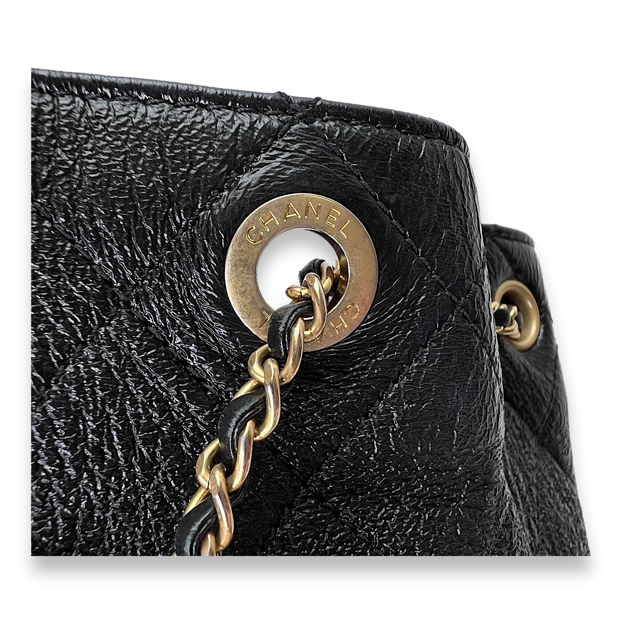 Quilted Drawstring Black Bucket Bag in Calfskin, Gold hardware