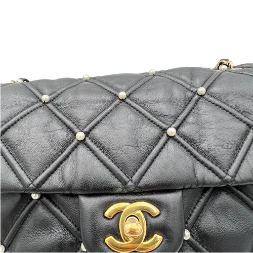 Pearl studded flap Medium Black Crossbody Bag in Calfskin, Gold hardware