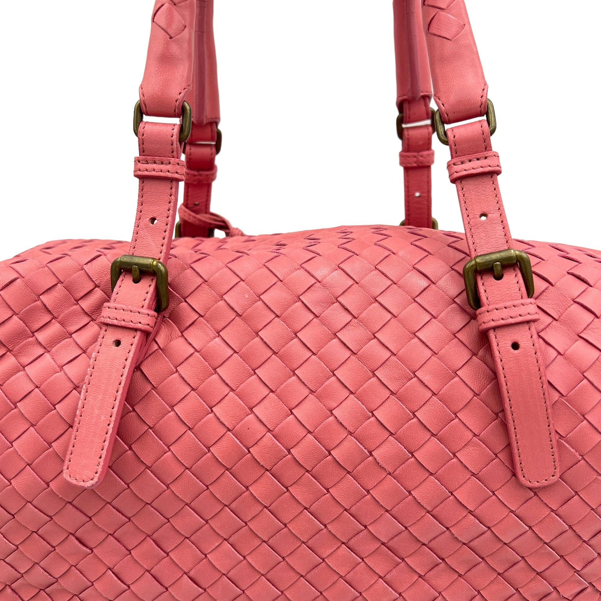 Boston Pink Top Handle Bag in Intrecciato Leather, Brushed Gold hardware