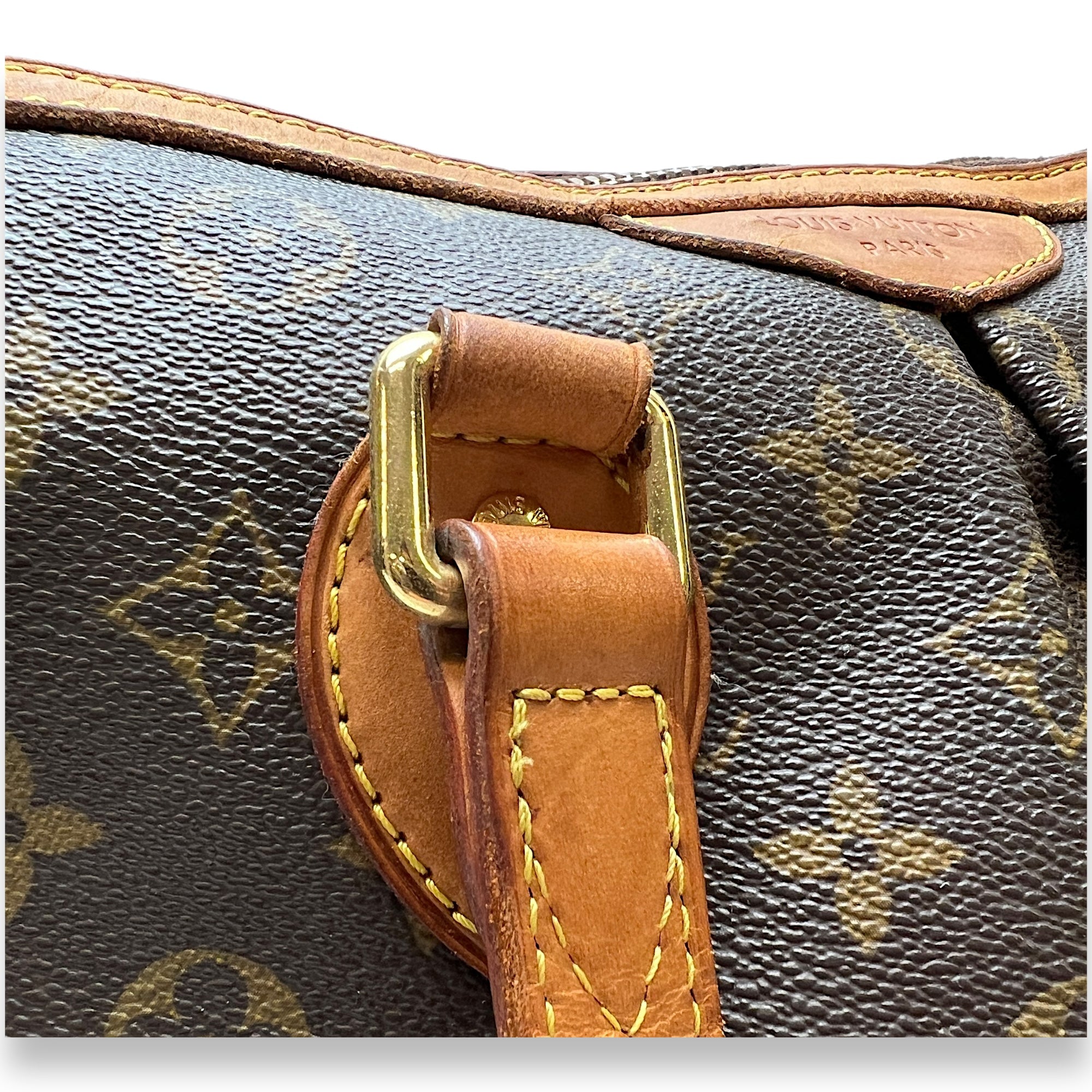 Palermo PM Brown Top Handle Bag in Monogram Coated Canvas, Gold hardware