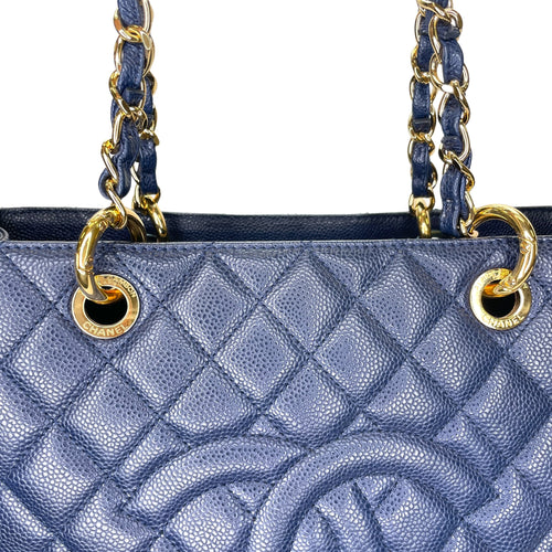 GST Grand Shopping Tote Medium Blue Tote Bag in Caviar Leather, Gold hardware