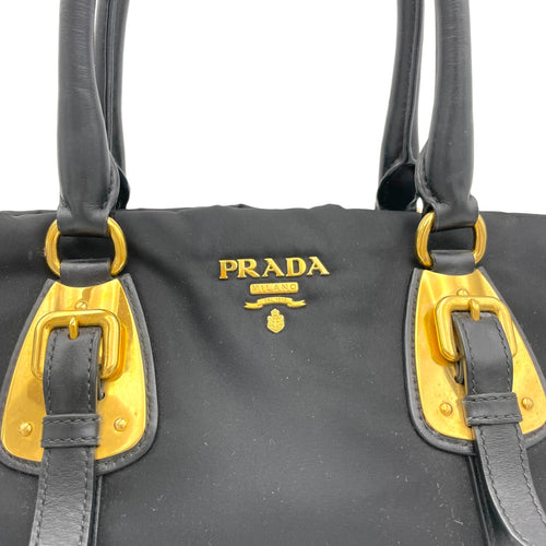 Two-Way Black Top Handle Bag in Nylon, Gold hardware