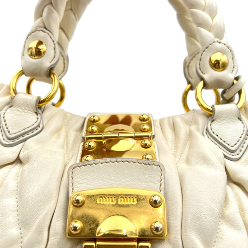 Matelassé White Top Handle Bag in Lambskin, Gold hardware