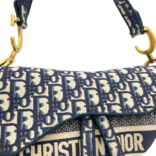 Saddle Medium Blue Top Handle Bag in Jacquard, Gold hardware