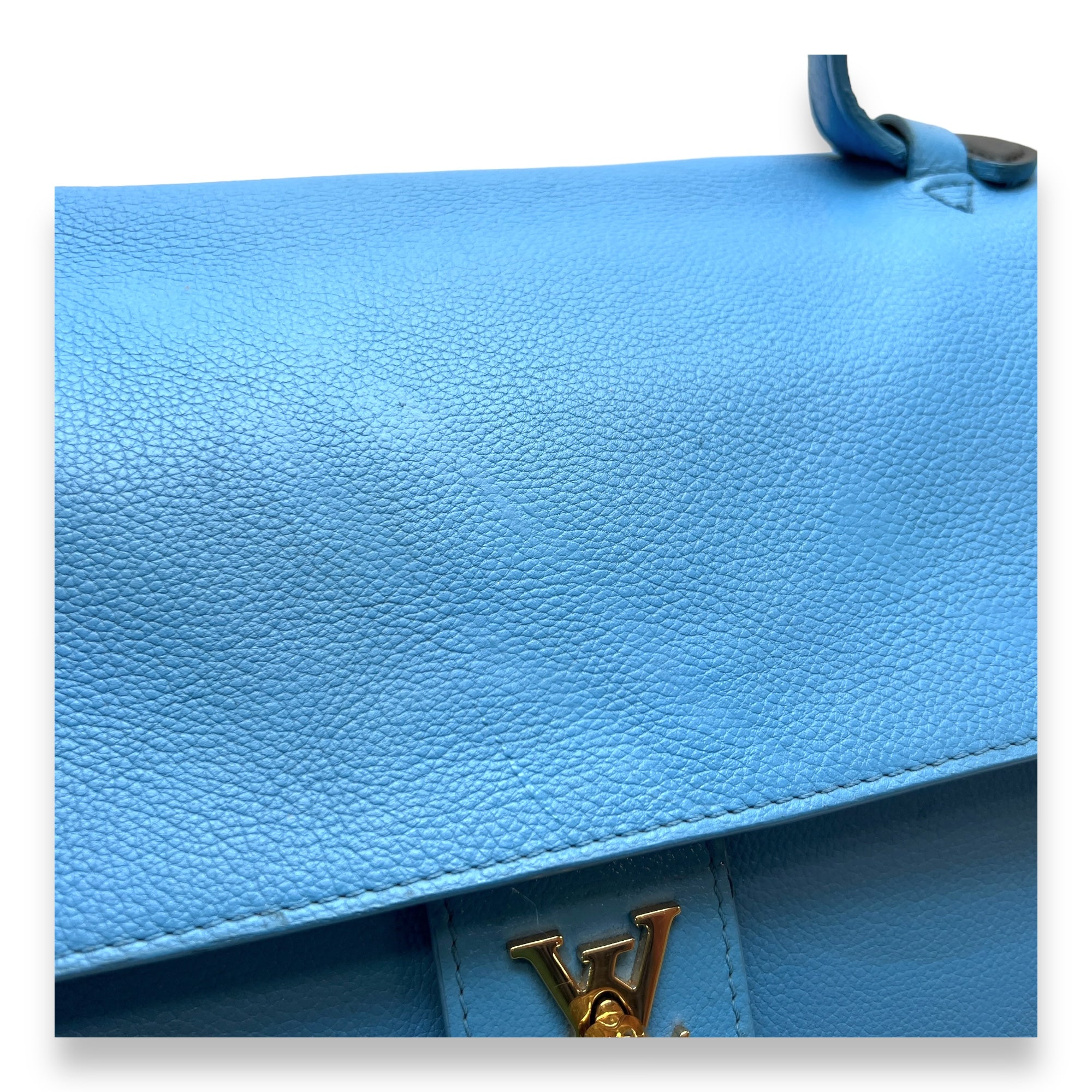 LockMe MM Blue Top Handle Bag in Calfskin, Gold hardware