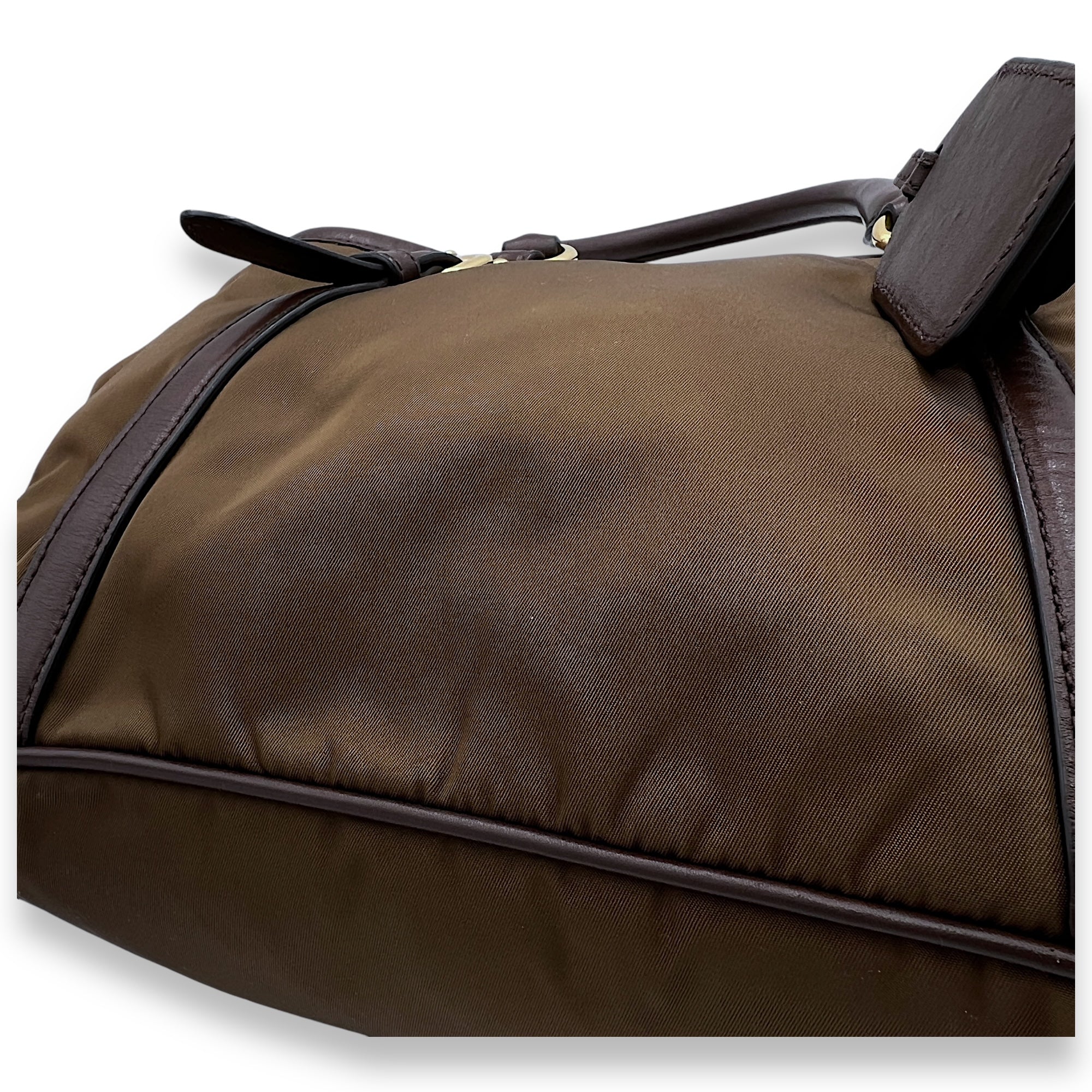 Tessuto Brown Top Handle Bag in Nylon, Gold hardware