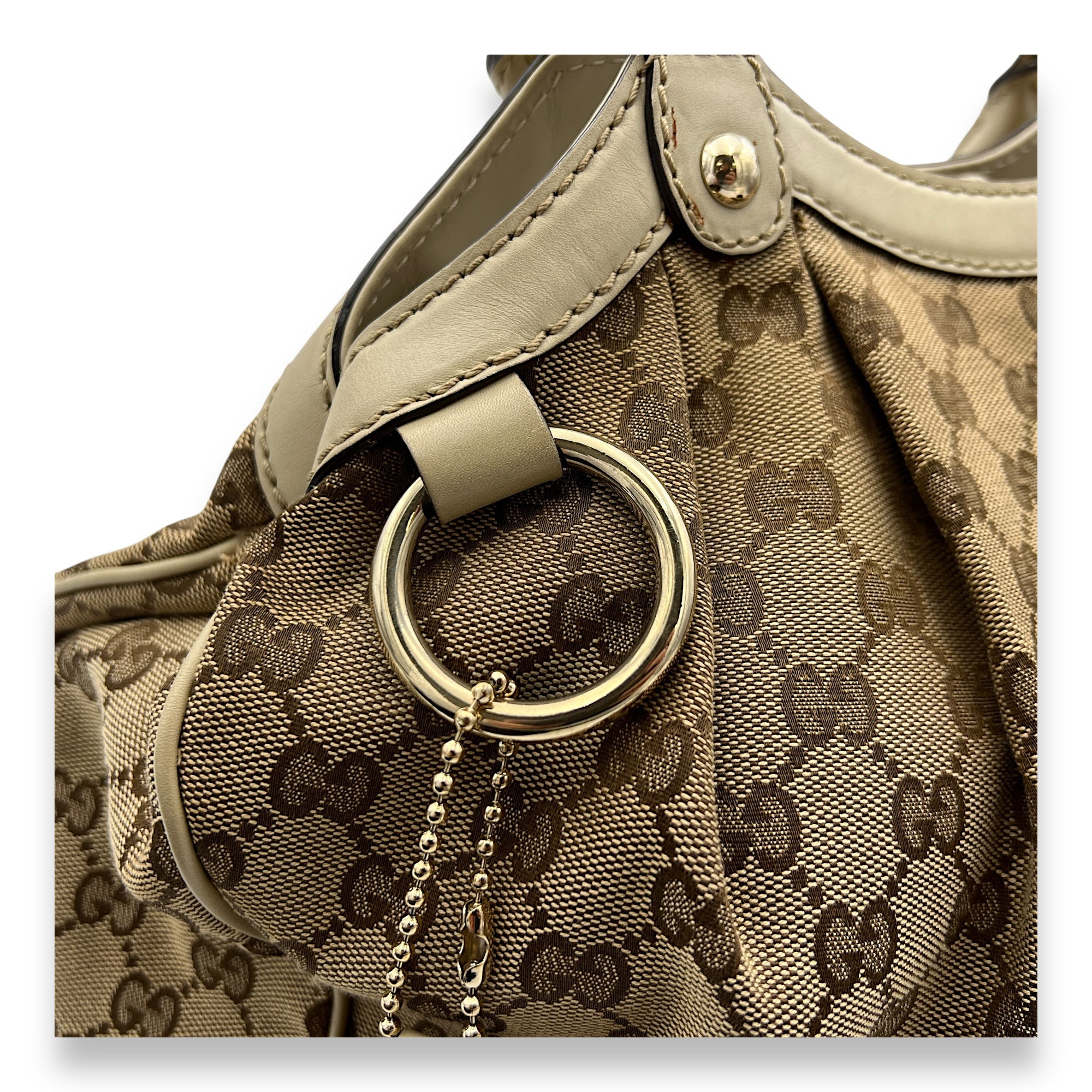 Sukey Beige Top Handle Bag in Canvas, Gold hardware