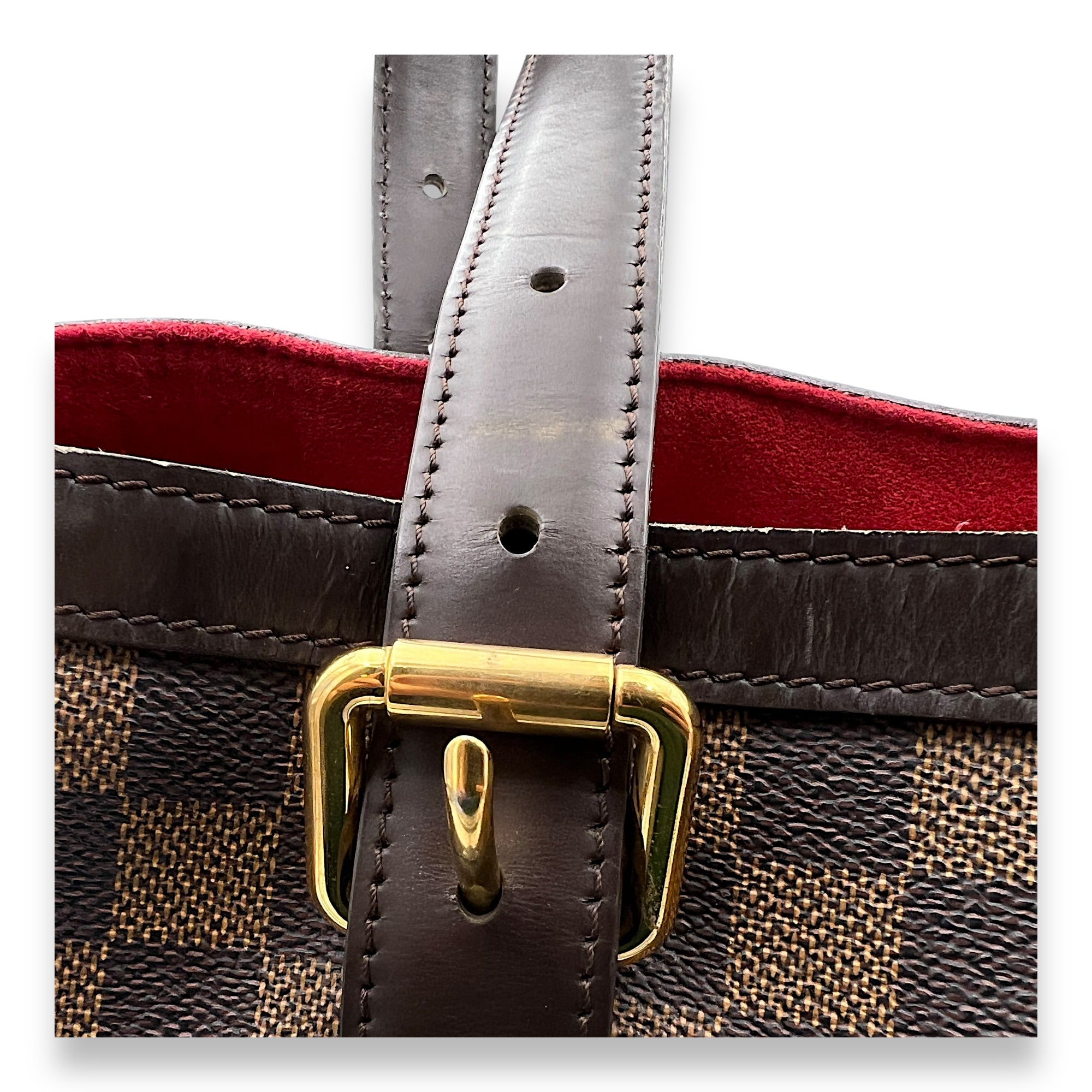 Hampstead MM Brown Top Handle Bag in Damier Ebene, Gold hardware