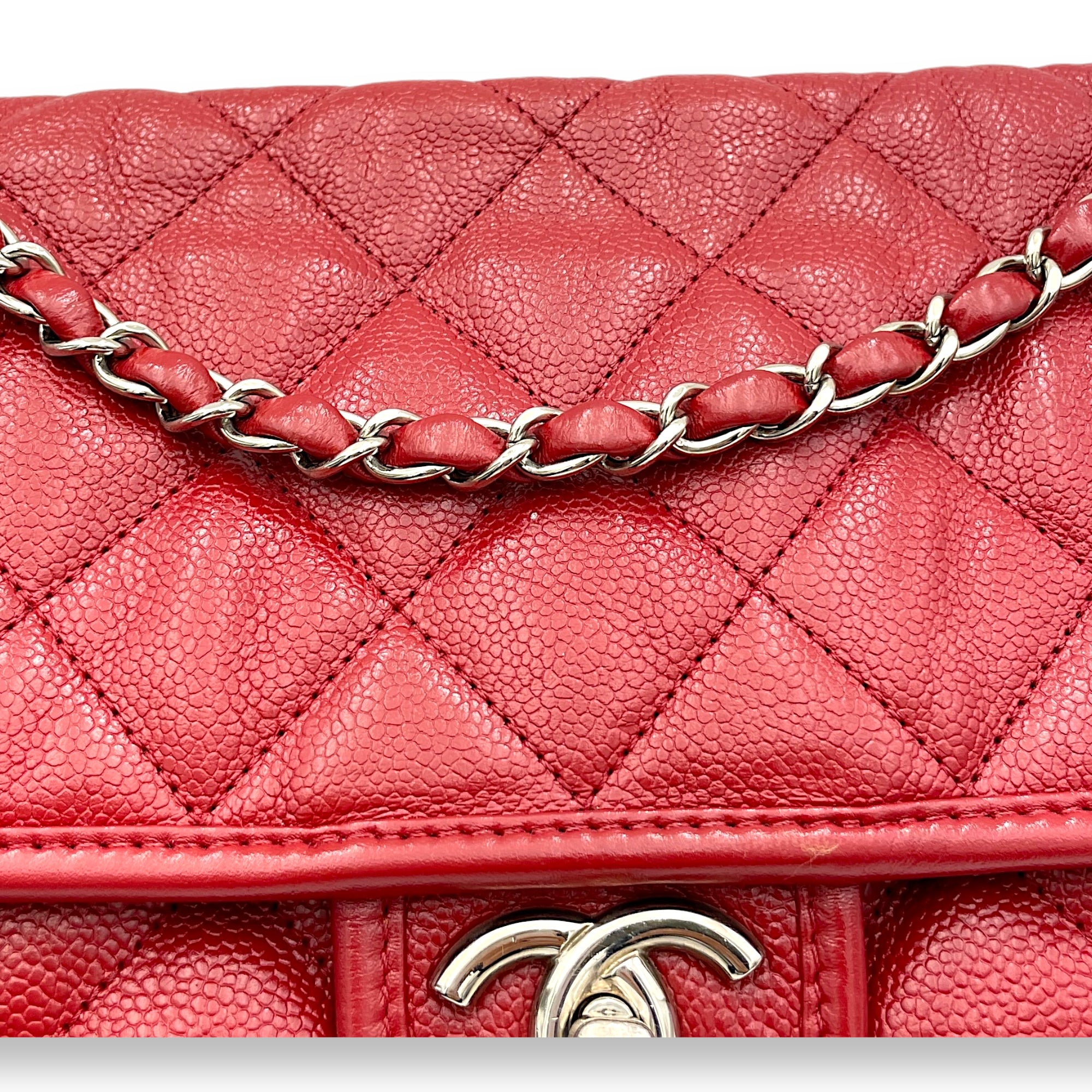 French Riviera Red Shoulder Bag in Caviar Leather, Silver hardware