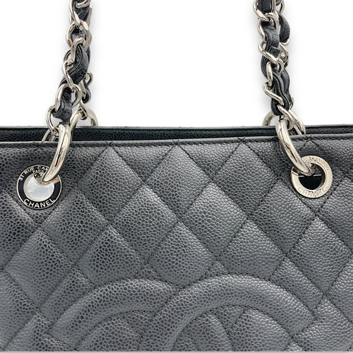 GST Grand Shopping Tote Black Tote Bag in Caviar Leather, Silver hardware