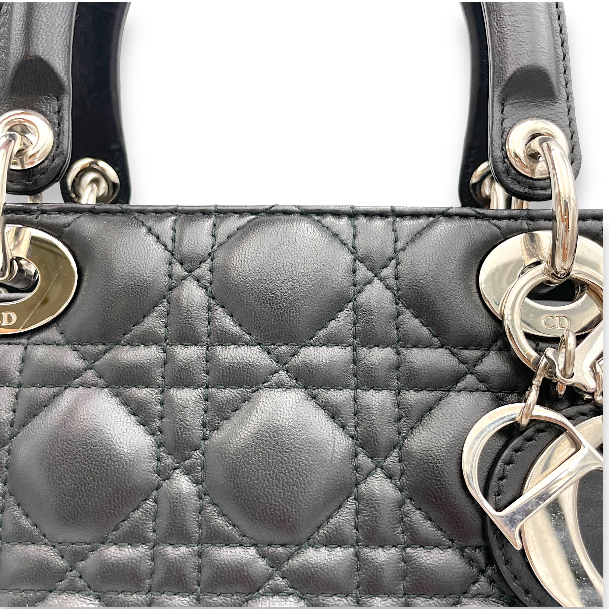 Lady Dior Top Handle Bag Medium Black in Lambskin, Silver hardware