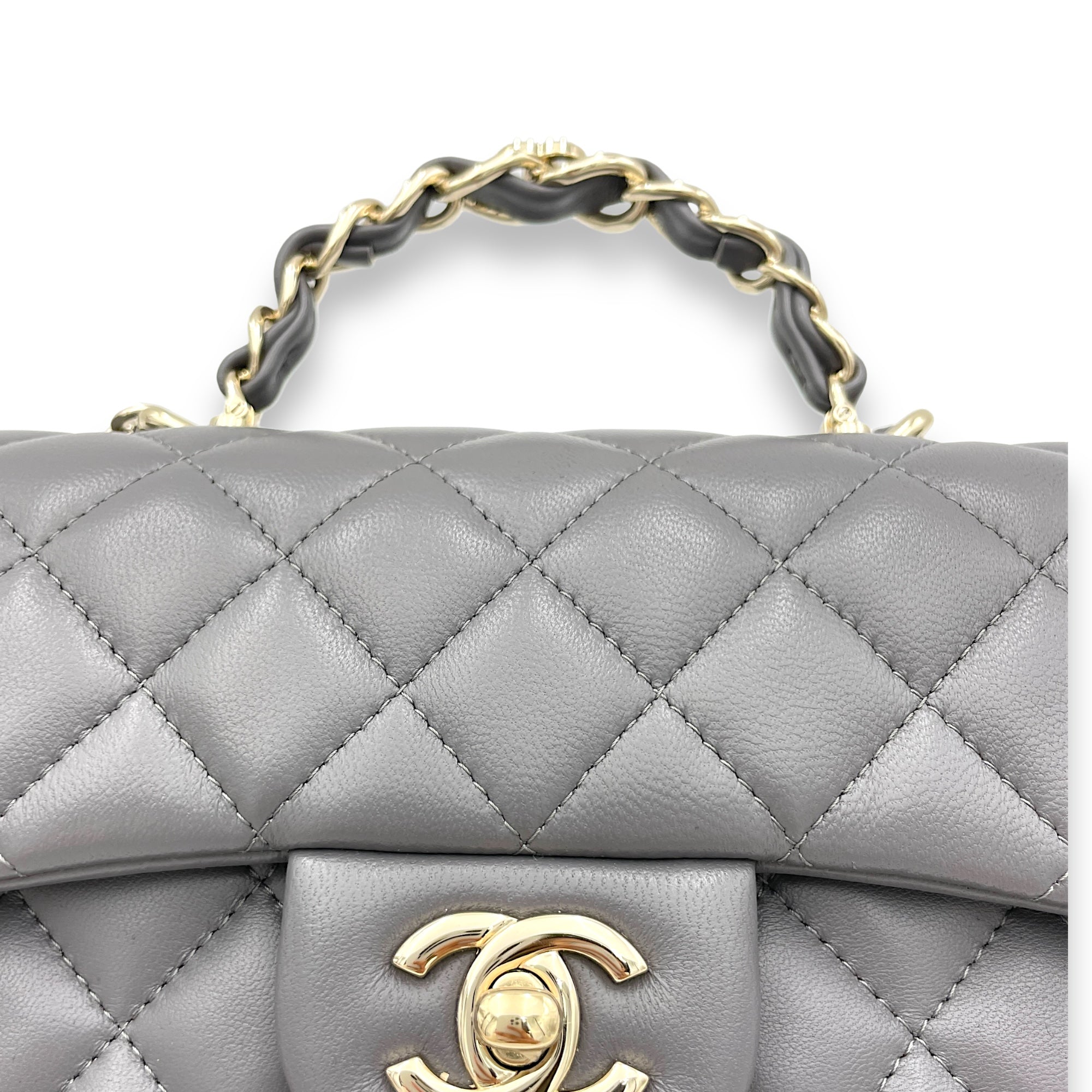 Classic Flap Rectangle Grey Top Handle Bag in Lambskin, Light Gold hardware