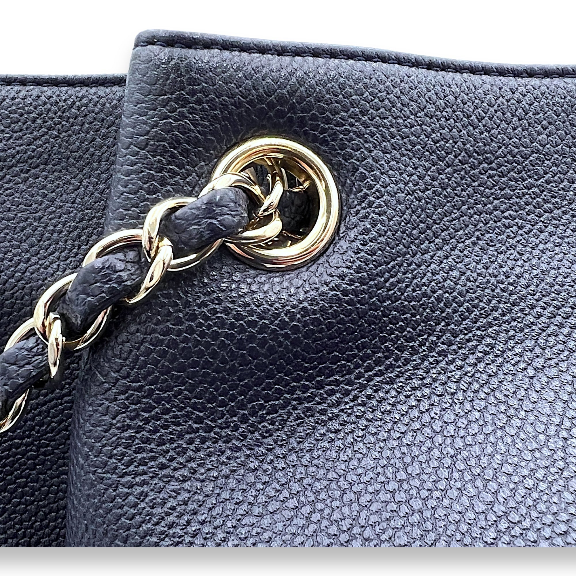 Quilted Blue Shoulder Bag in Caviar Leather, Light Gold hardware