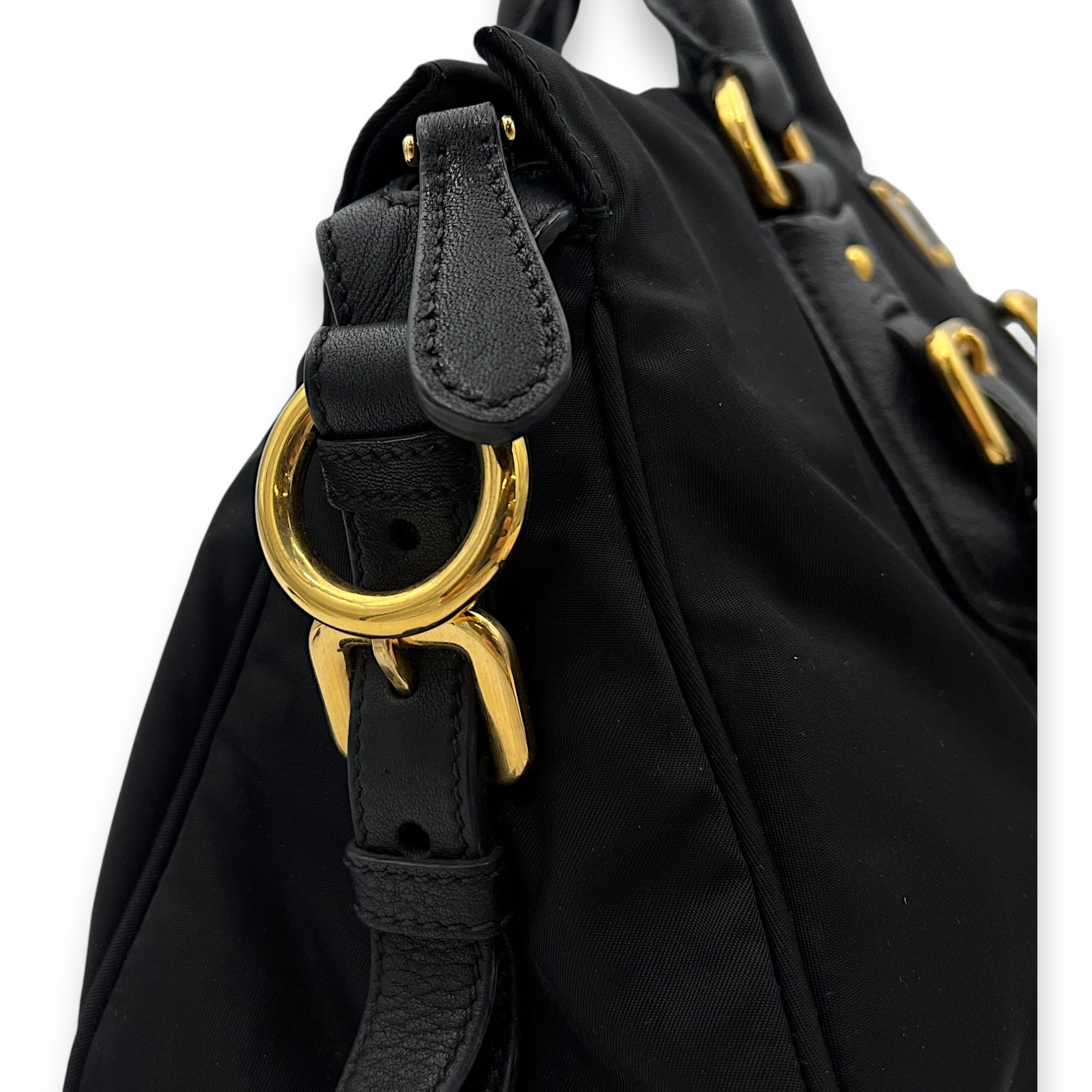 Two-Way Black Top Handle Bag in Nylon, Gold hardware