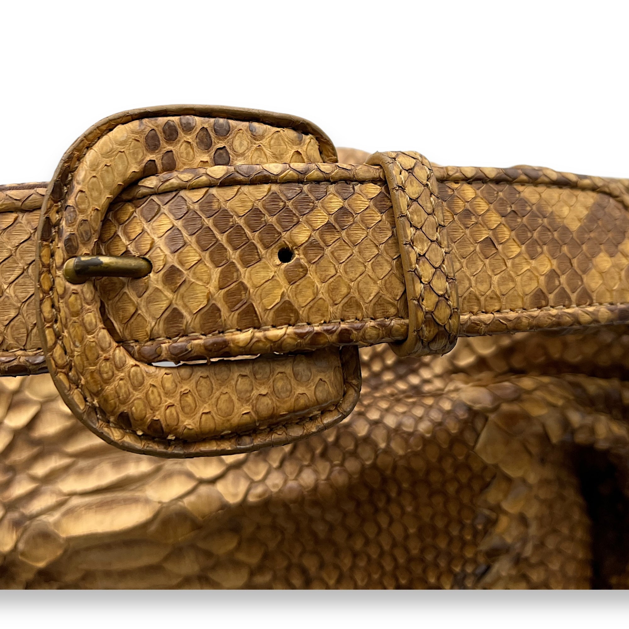 Duette Brown Shoulder Bag in Python Leather, Brushed Gold hardware