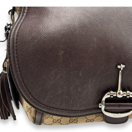 Techno Horsebit Brown Shoulder Bag in Canvas, Silver hardware