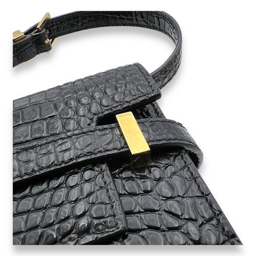 Manhattan Shoulder Bag Black in Crocodile Embossed Calfskin, Gold hardware