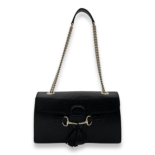 Emily Black Shoulder Bag in Calfskin, Gold hardware