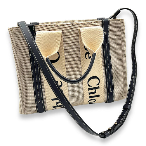 Woody Tote Bag Small Beige in Canvas, Silver hardware