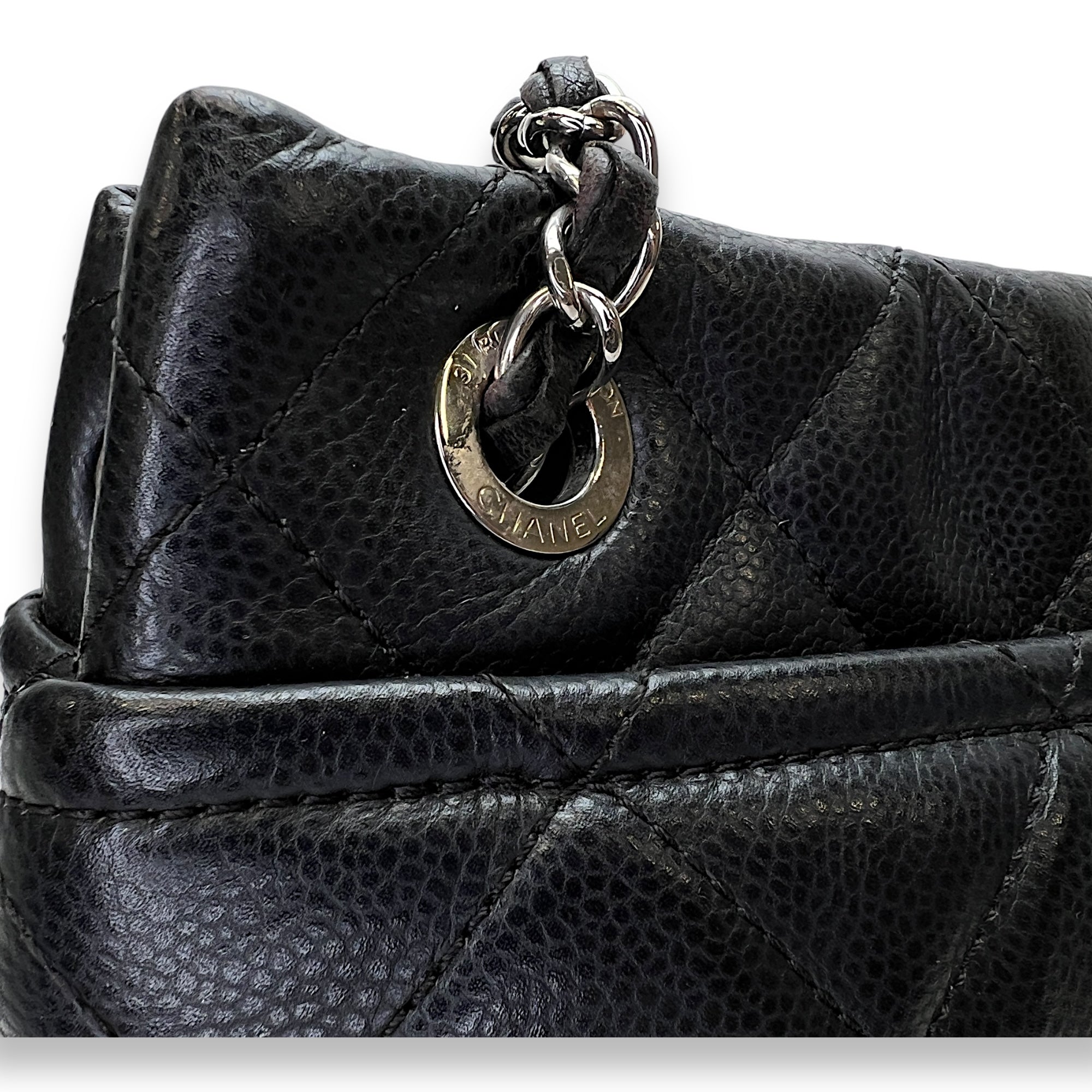 Matelasse Chain Black Tote Bag in Caviar Leather, Silver hardware