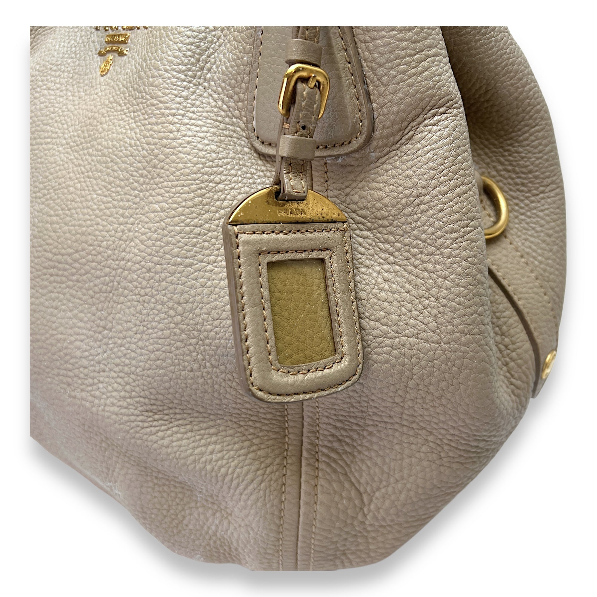 Logo Beige Top Handle Bag in Calfskin, Gold hardware