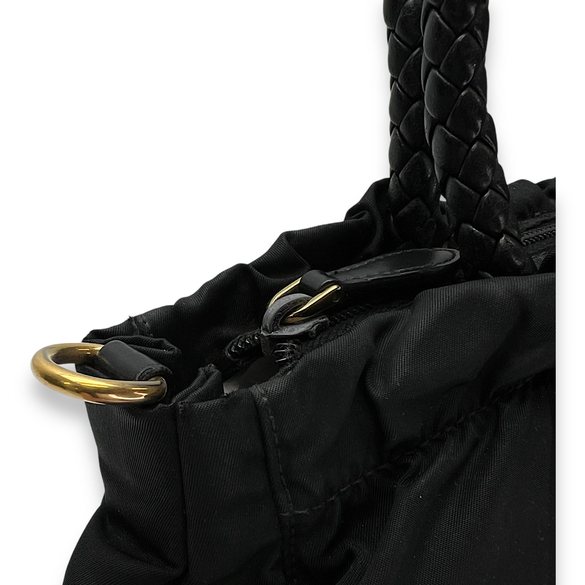 Braided Top Handle Bag Black in Nylon, Gold hardware