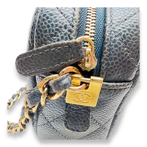 Camera Blue Crossbody Bag in Caviar Leather, Gold hardware