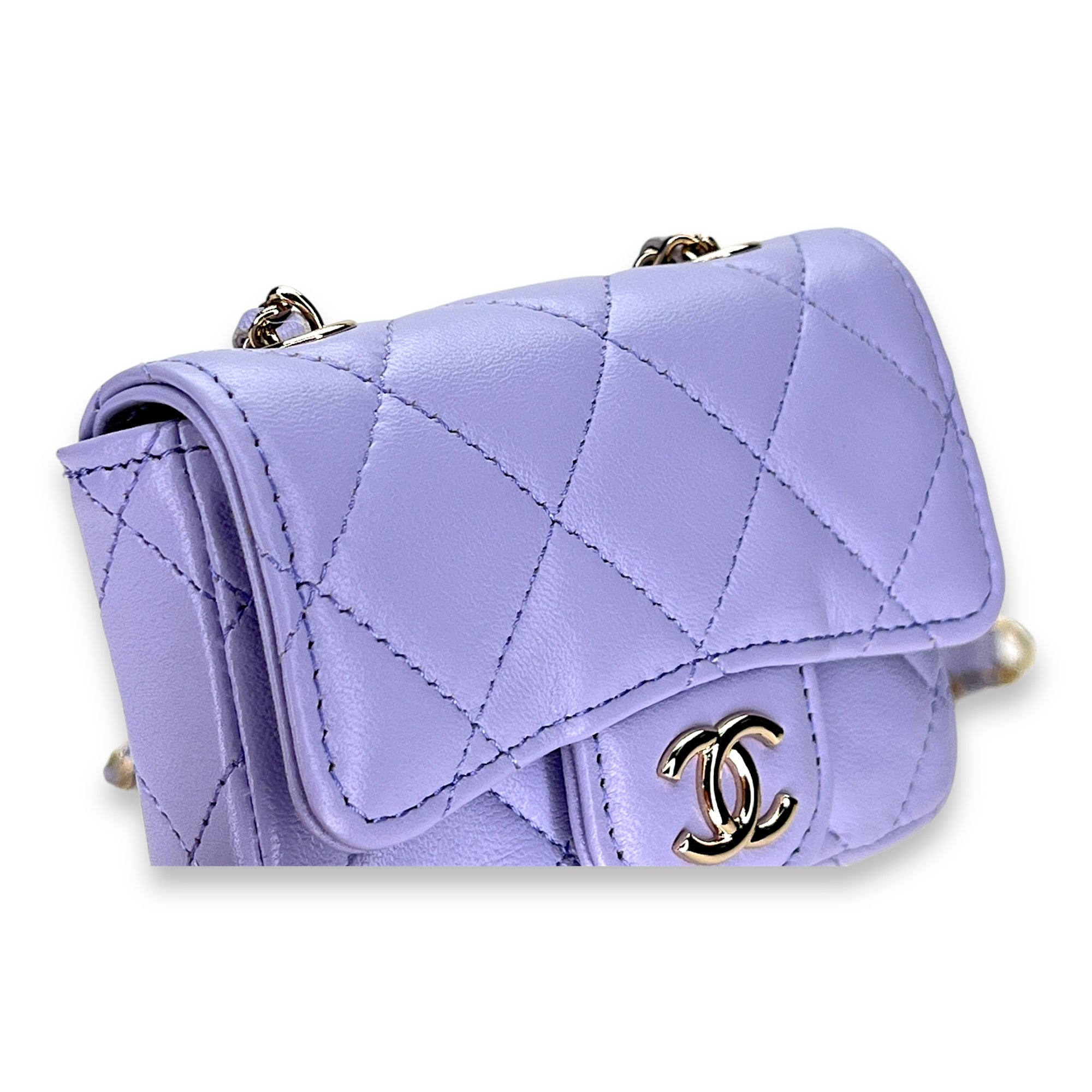 Classic Flap Chain Mini Purple Card Holder in Lambskin, Light Gold hardware