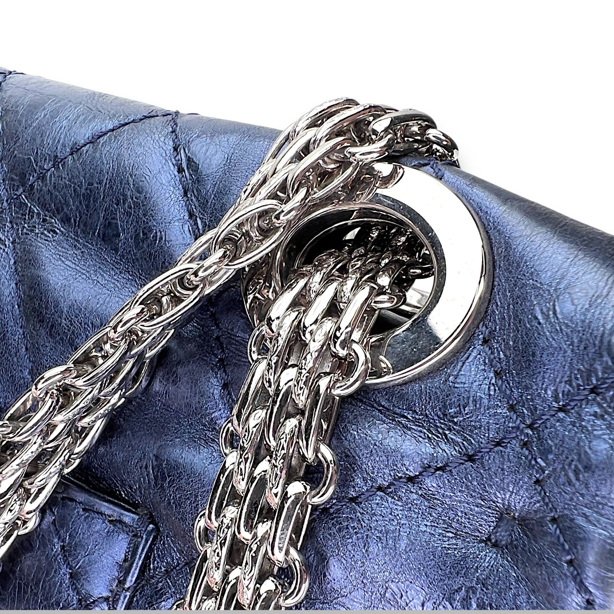 2.55 Large Navy Shoulder Bag in Distressed Leather, Silver hardware